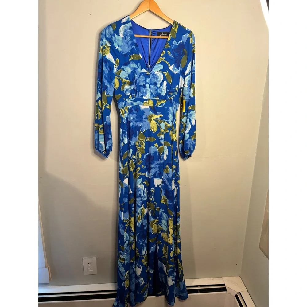 Lulus Blue Floral Maxi Dress Long Sleeve V Neck Front Slit NWT XS - Picture 1 of 6